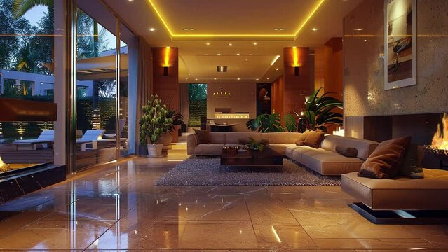  luxurious interior design living room and fireplace. seamless looping overlay 4k virtual video animation background