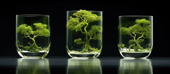 Three clear glass vases holding green plants, the roots visible submerged in water. The plants appear fresh and vibrant, adding a touch of nature to the room.