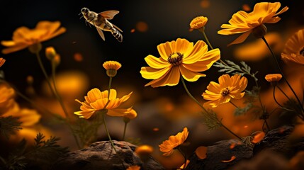 Obraz na płótnie Canvas Beautiful mysterious insect flying over vibrant orange daisies in the enchanting evening