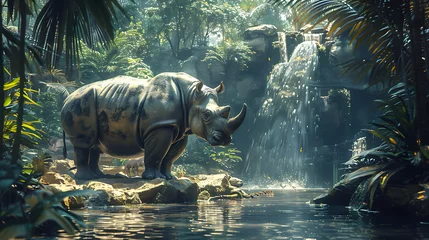 Zelfklevend Fotobehang rhinoceros on river AI Image Generative © Anditya