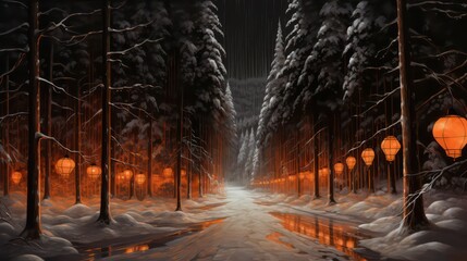 A Tranquil Winter Night: Snow-Covered Path Illuminated by Warm Street Lights Amidst Towering Pine Trees
