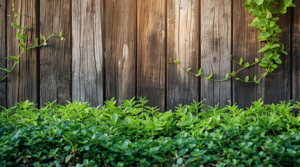 Fototapeta na wymiar Fresh spring green grass and leaf plant over wood fence background.