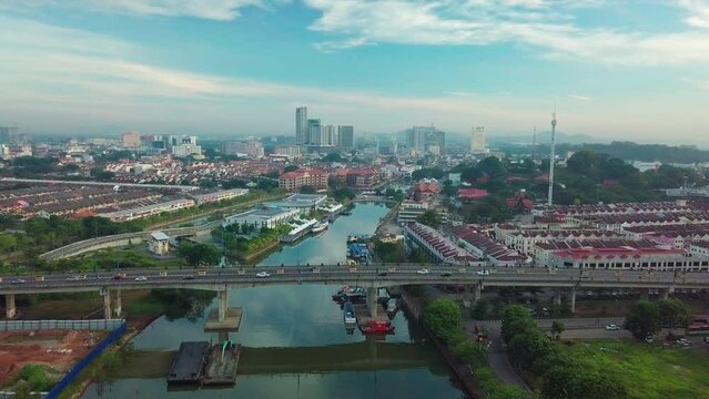 Melaka (Malacca) city aerial view in the morning, Malaysia