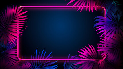 Abstract design with neon glowing frame decorated with palm leaves