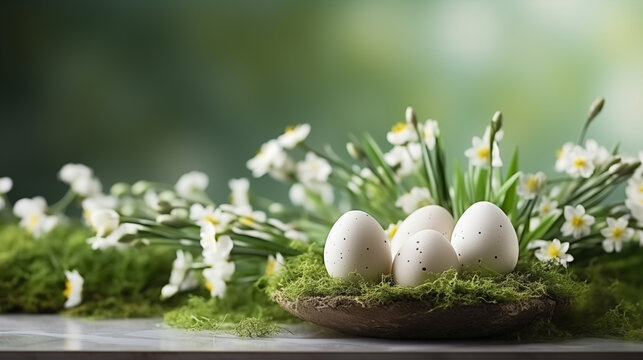 Easter eggs with simple decoration on a grey tabletop with copy space on top, Generative AI