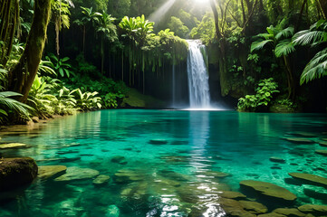 Naklejka premium Enchanting Waterfall Oasis A Serene Tropical Forest Escape. Beautiful Waterfall in The Jungle.