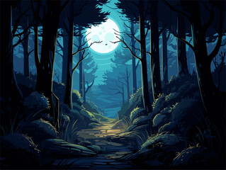 Mystical moonlight forest scene lit up at night