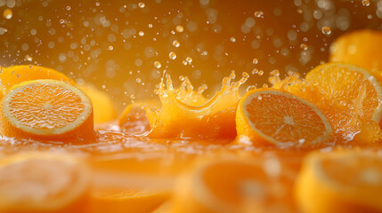 A close-up photo of orange fruit droplets in orange juice splashing on a colorful surface, creating a dynamic and abstract image.