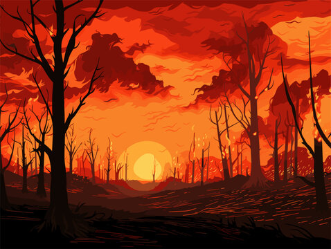 Depicting trees against a fiery sunset
