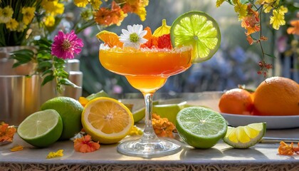 Citrus Burst: A margarita bursting with citrus flavors, incorporating a mix of lemon, lime, and orange juices, garnished with candied citrus slices and edible flowers.