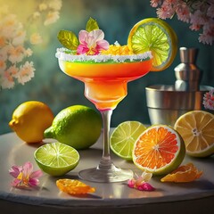 Citrus Burst: A margarita bursting with citrus flavors, incorporating a mix of lemon, lime, and orange juices, garnished with candied citrus slices and edible flowers.