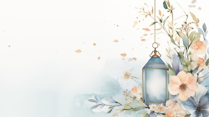 Blue Ramadan kareem and eid fitr islamic concept background lantern illustration in watercolor painting style for wallpaper, poster, greeting card and flyer. Wedding invitation style.