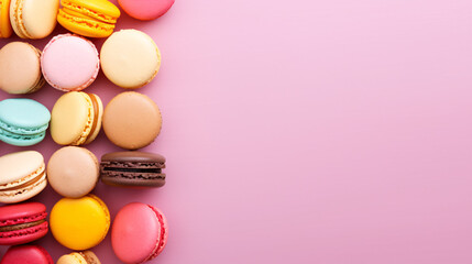 Various colorful macarons on pink table top - copy space