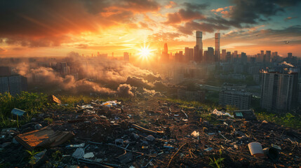 The sunrise over a developing urban landscape provides a stark contrast to the foreground of environmental pollution and debris.