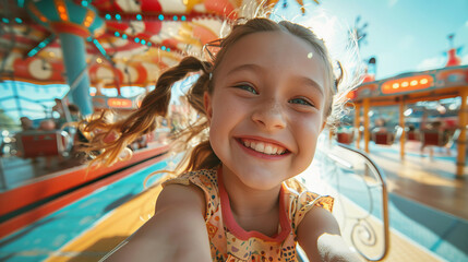 Selfie of a radiant young girl with a beaming smile, enjoying a sunny day on a colorful carousel at the amusement park.