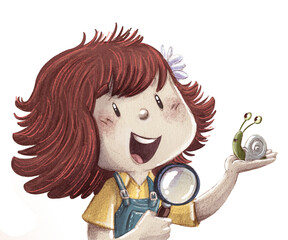 Little girl with magnifying glass observing a snail