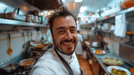 Portrait of a cheerful male chef in a bustling professional kitchen, showcasing culinary expertise and a friendly atmosphere.