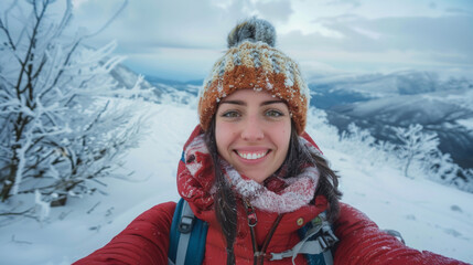 Fototapeta na wymiar A cheerful hiker with a snow-dusted hat takes a selfie, embracing the crisp beauty of the snow-covered mountainous landscape.