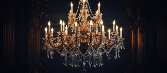 A large round chandelier with crystals and candlesticks hangs from the ceiling of a dark room. The...