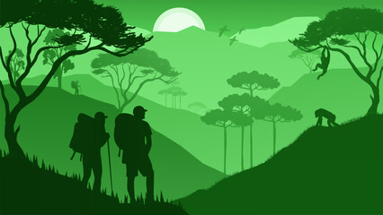 Two Mountain Backpackers Saw Two Monkeys in The Forest - 2D Beautiful Background Illustration Vector