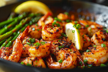 Charred shrimp and asparagus skillet, a savory seafood feast close-up - obrazy, fototapety, plakaty