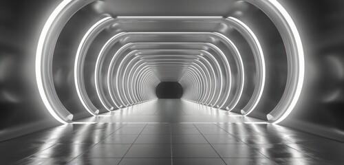 black background 3D room light abstract space technology tunnel stage floor. Empty white future 3D neon background studio futuristic corridor render modern interior silver road black wall design gray