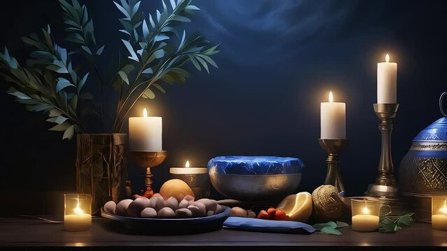 Seder plate on the wood table with copy space area. Suitable for Happy Passover videos.