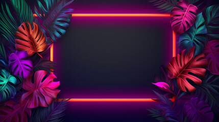 Abstract design with neon glowing frame decorated with palm leaves