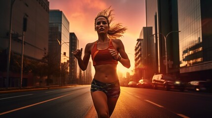 A young Woman running along the road wearing tight-fitting sports clothes outdoors at sunset. Summer, Sports, Fitness, Running, Healthy Lifestyle concepts. A horizontal banner with copy space. - obrazy, fototapety, plakaty