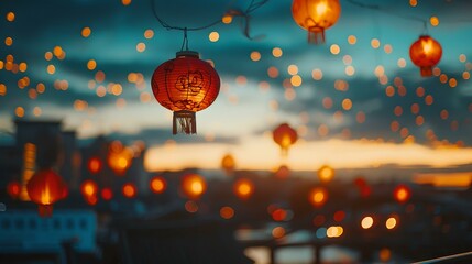 Festive red lanterns glowing at dusk, evening skyline decor, celebration mood. warm, cozy atmosphere, outdoor decorations, event setting. AI