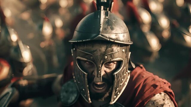 A fierce Spartan Hoplite charges forward his spear aimed at the enemy with intense focus.