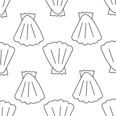 Seashells molluscs. Snails in shells. Summer Seamless Pattern Background. Animals of the sea. line seafood. Print for children's and adult clothing. Hand drawn vector illustration. doodle coloring