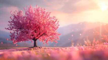 Obraz na płótnie Canvas Beautiful spring nature scene with pink blooming tree, generative ai