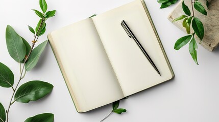 Top view of open notebook with blank pages and pen with branch of plant with green leaves near by on white desk,generative ai - obrazy, fototapety, plakaty