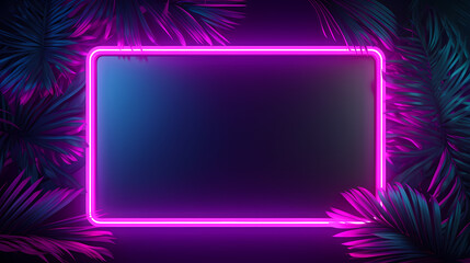 Abstract design with neon glowing frame decorated with palm leaves