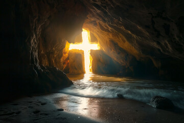 Cave with a cross, resurrections and Easter symbolic.  Generative ai - 754113102