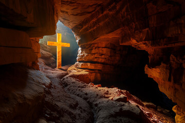Cave with a cross, resurrections and Easter symbolic.  Generative ai - 754113128