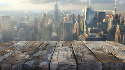 Urban landscape viewed from a rustic wooden table at sunrise. a peaceful city morning scene. ideal for backgrounds and cityscape themes. AI