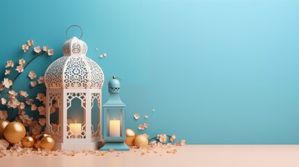 Blue and white Ramadan kareem and eid fitr islamic concept background illustration with lantern, stars and blossom flowers in paper cutting style 3D for wallpaper, greeting card and flyer.