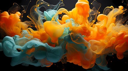 Interplay of tangerine and emerald green liquids colliding, producing a vivid and dynamic abstract display - obrazy, fototapety, plakaty