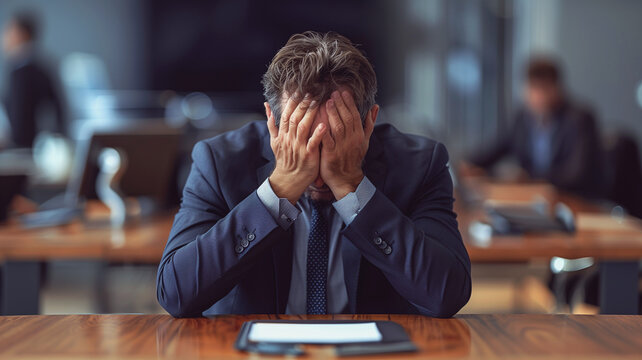 Businessman covers his face with his hands in stress at his desk