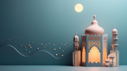 Blue Ramadan kareem and eid fitr islamic concept background illustration with lantern, stars and moon in paper cutting style 3D for wallpaper, greeting card and flyer.