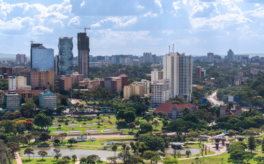 Skyline of Central business district and Uhuru Park, Nairobi, Kenya