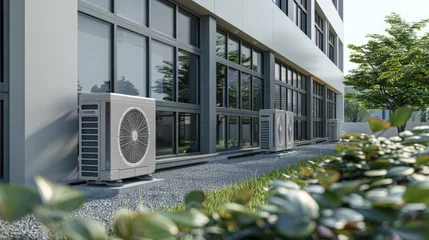 Fotobehang Unit compressor of air conditioning install outside the building. Fresh air concept. © Oulaphone