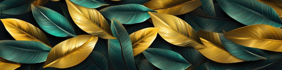 Background of tropical gold and blue leaves. Abstract decorative background.