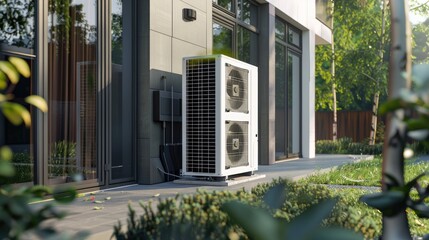 Unit compressor of air conditioning install outside the building. Fresh air concept.