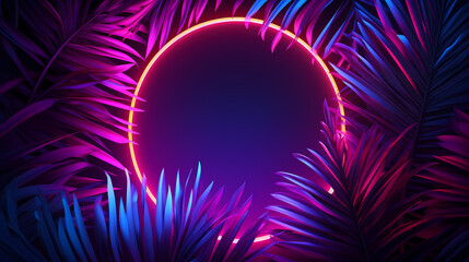 Obraz premium Neon frame with tropical leaves