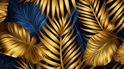 Background of tropical gold and blue leaves. Abstract decorative background.