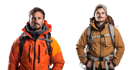 man in mountaineering clothes isolated on a transparent PNG background, white background , Generative Ai