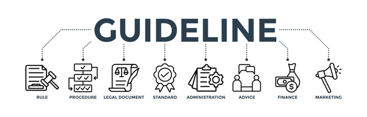 Guideline banner concept with icon of rule, procedure, legal document, standard, administration, advice, finance, and marketing - obrazy, fototapety, plakaty